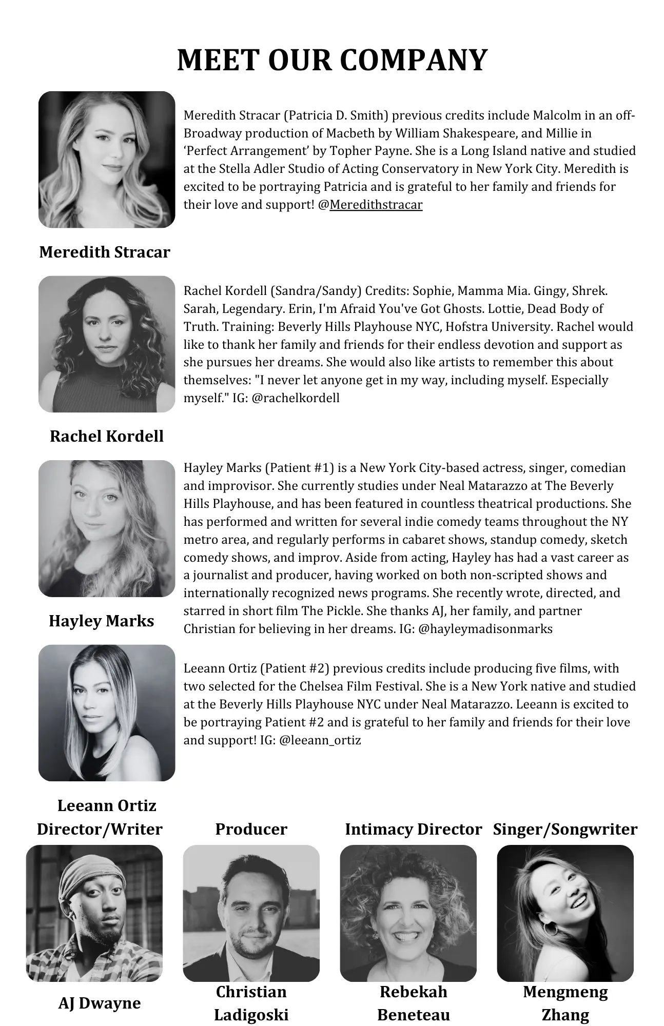 Heart/Lung playbill page — Meet Our Company