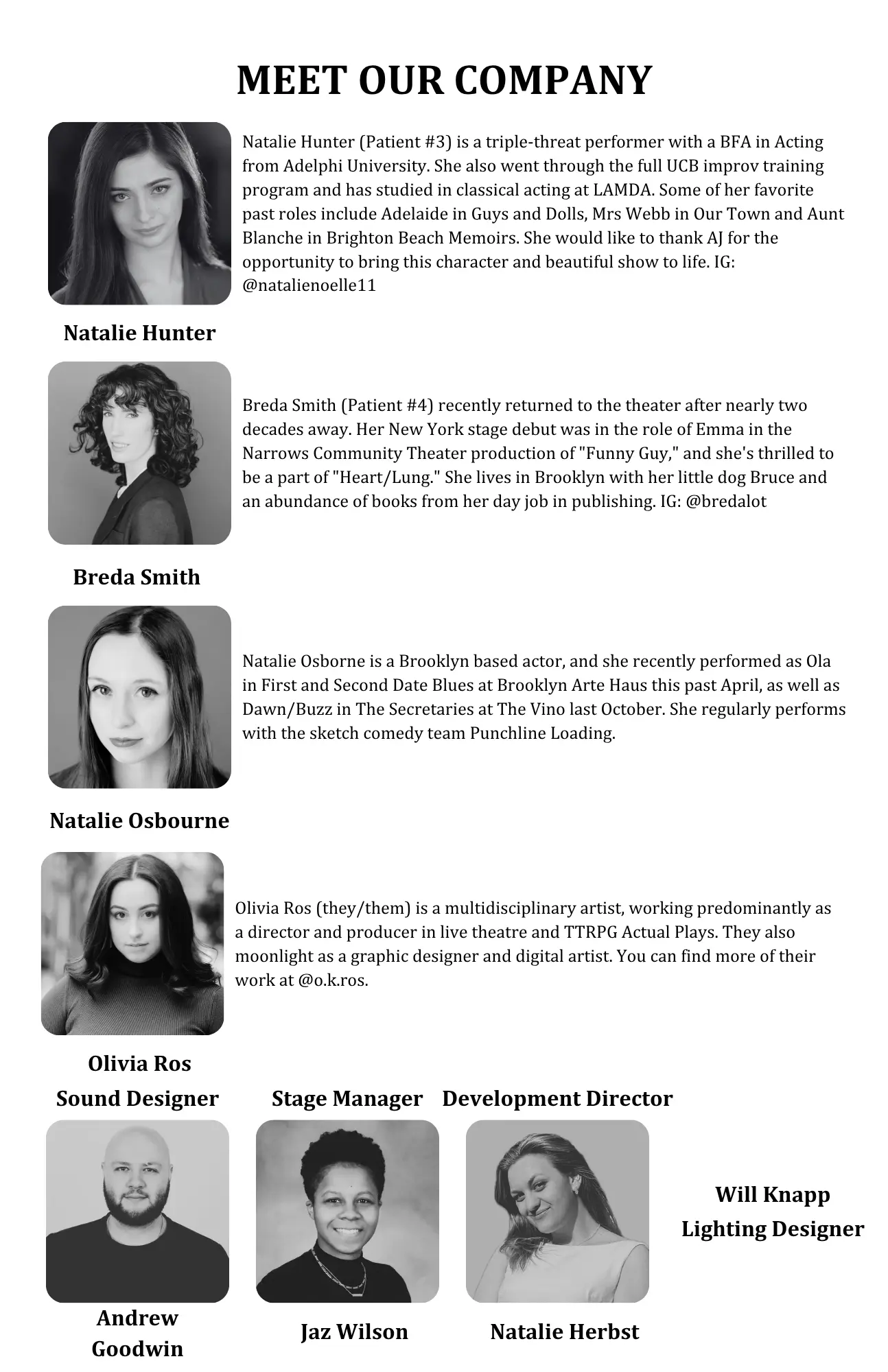 Heart/Lung playbill page — Meet Our Company