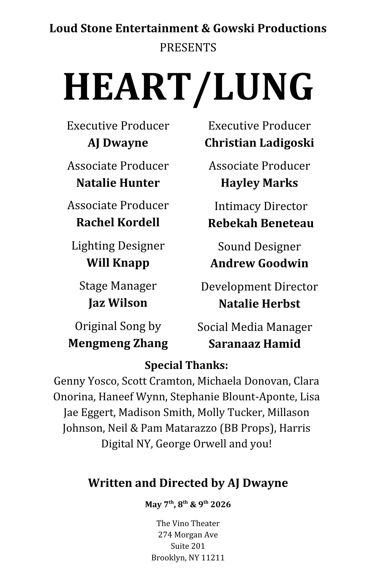 Heart/Lung playbill page — Title & Crew